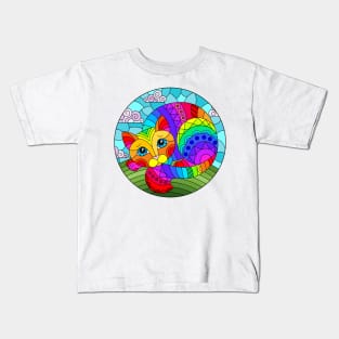 Cute Cat Stained Glass Pattern Design Kids T-Shirt